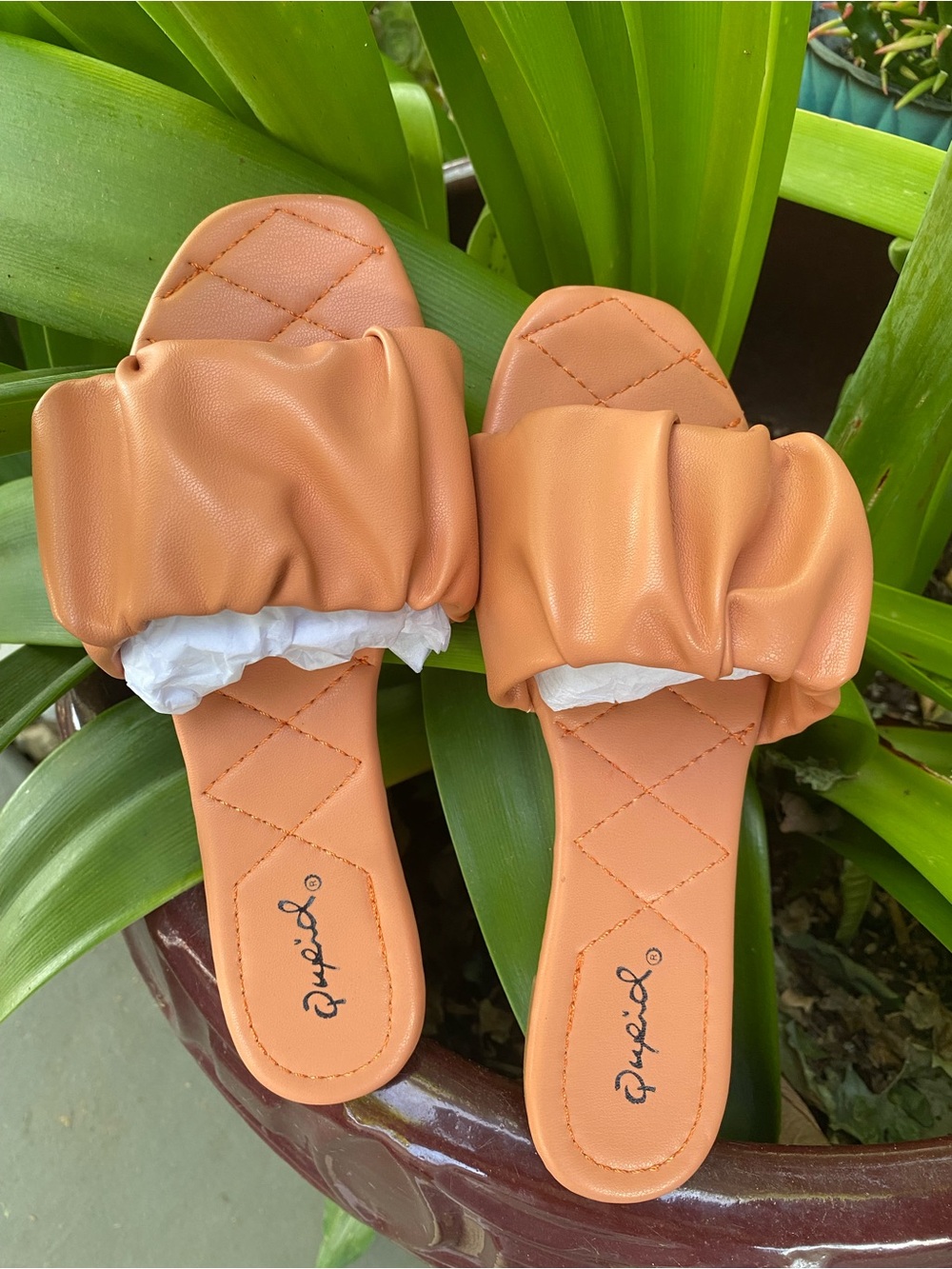 Qupid Ruched Slide Sandals in Tan Orange